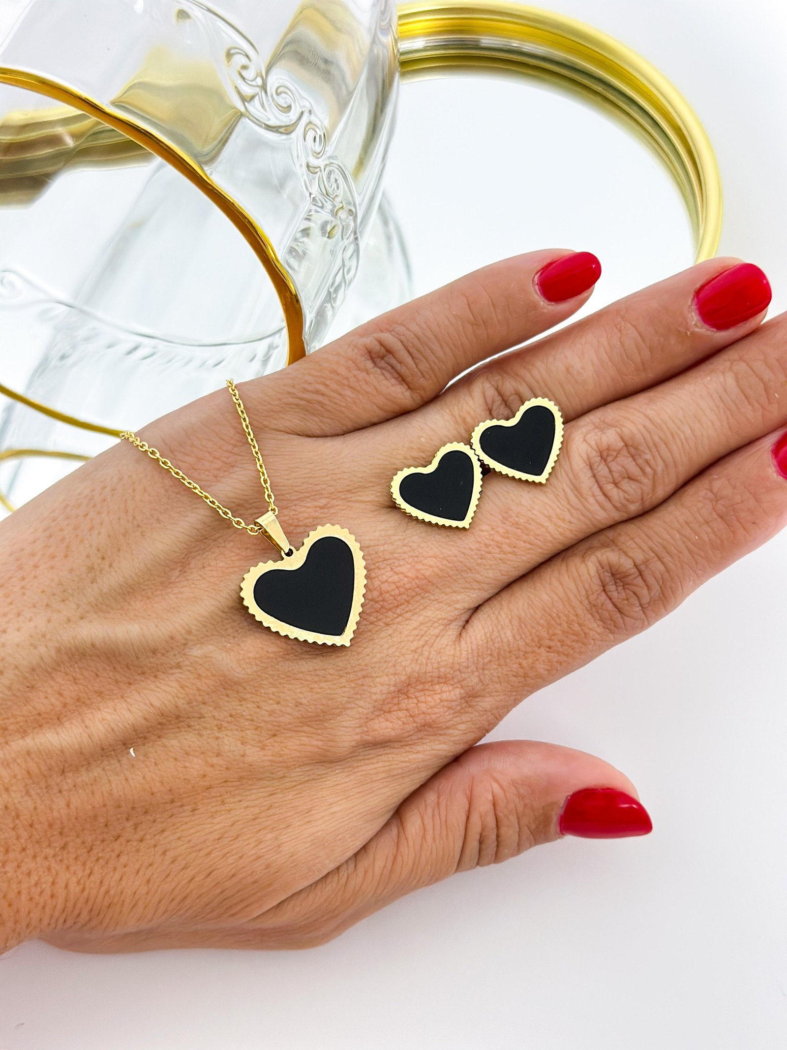 Conjunto Aço Inox Coração Resinado 