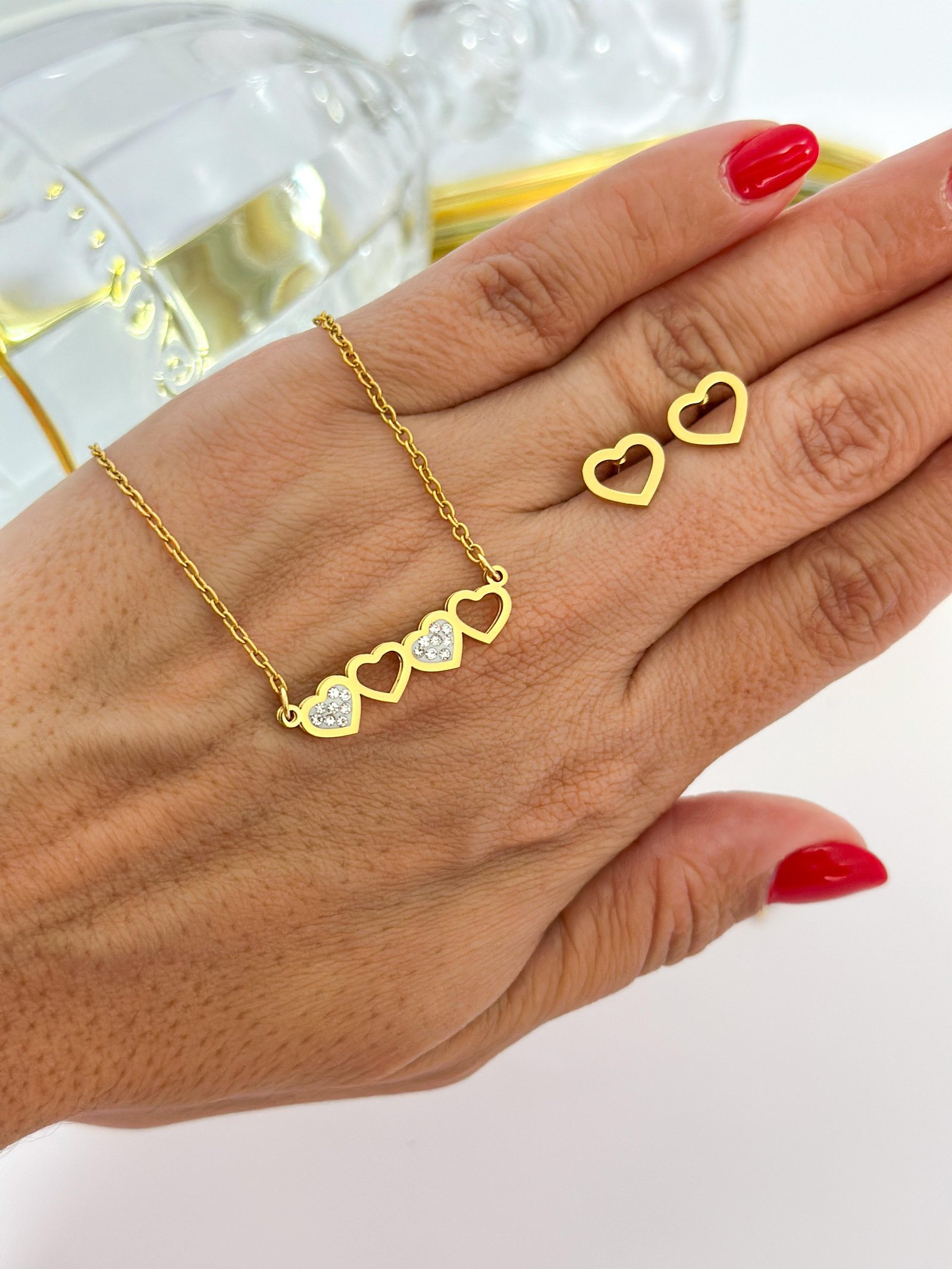 Conjunto Aço Inox Coração strass Dourado 