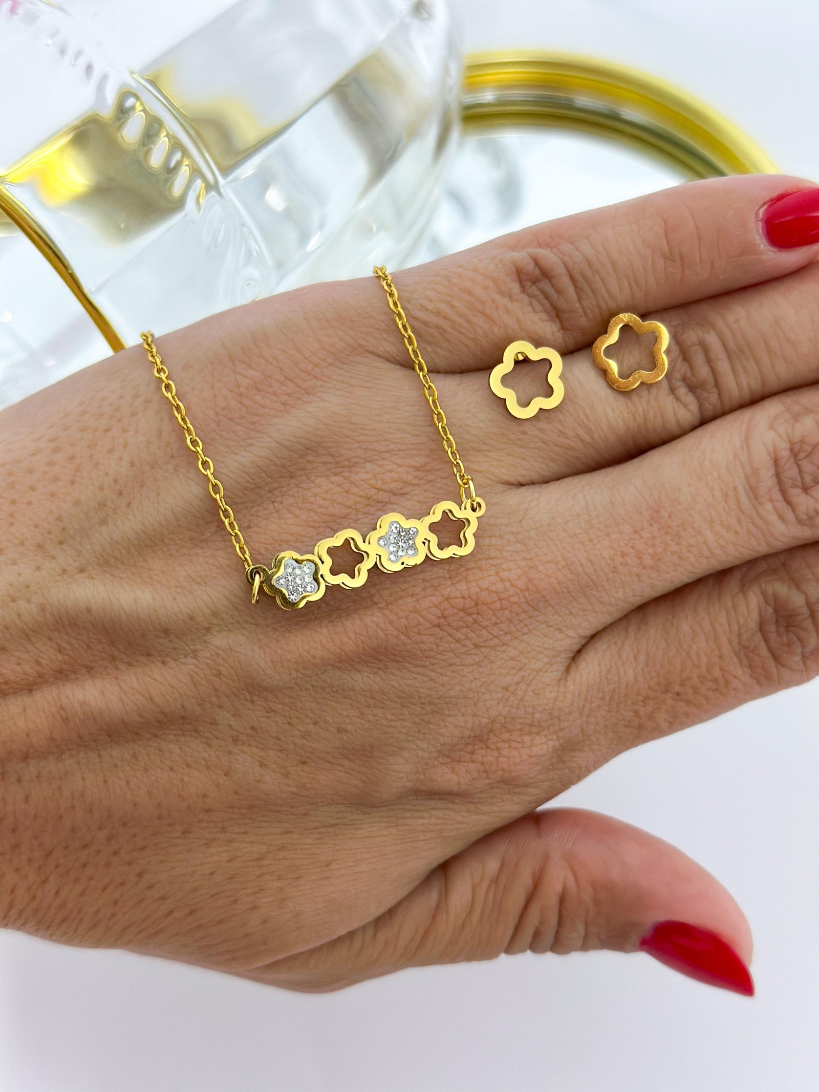 Conjunto Aço Inox flor strass Dourado 