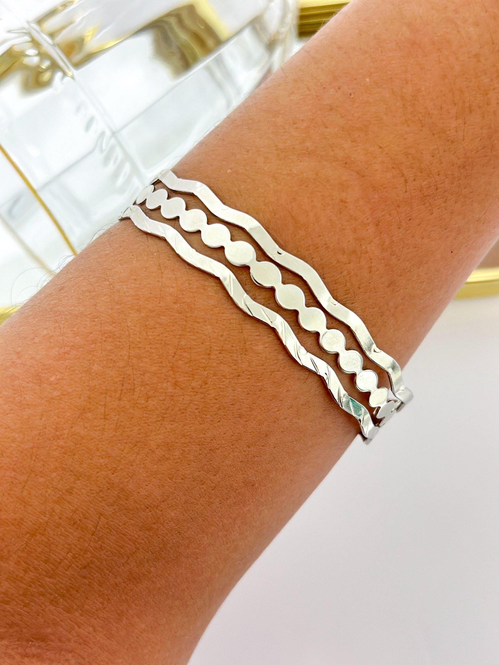 Bracelete Folheado Onda e Gota Prata