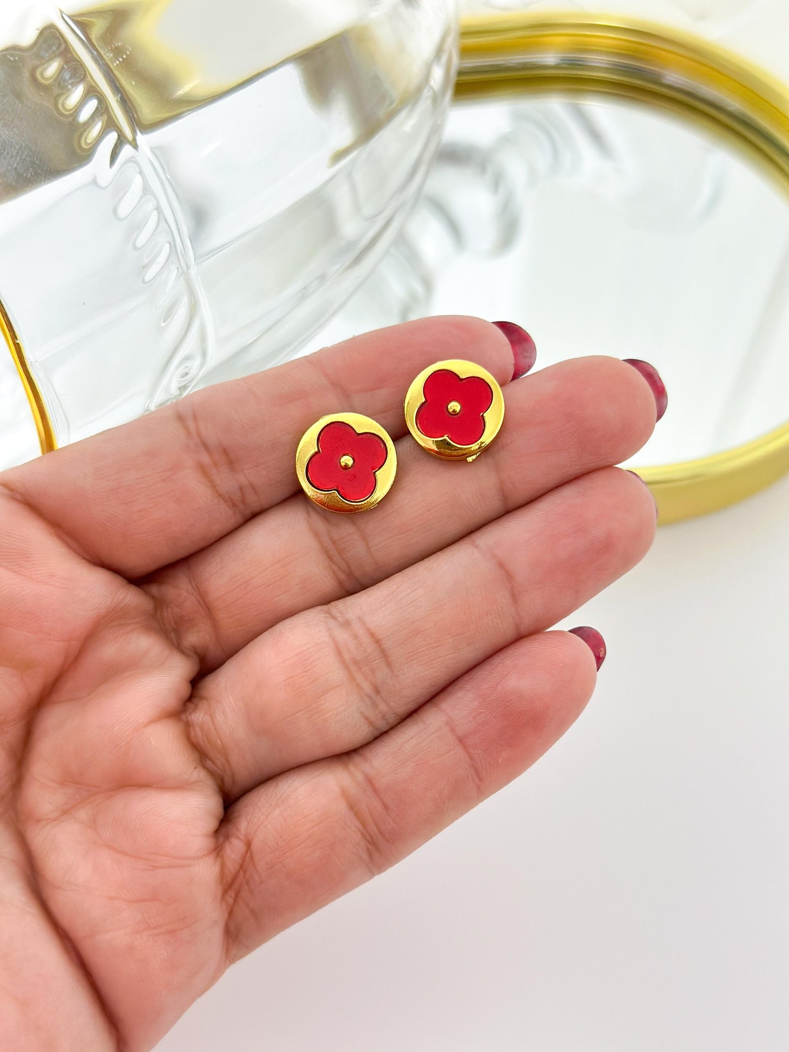 Brinco Aço Inox Virginia Resinado Vermelho Dourado 