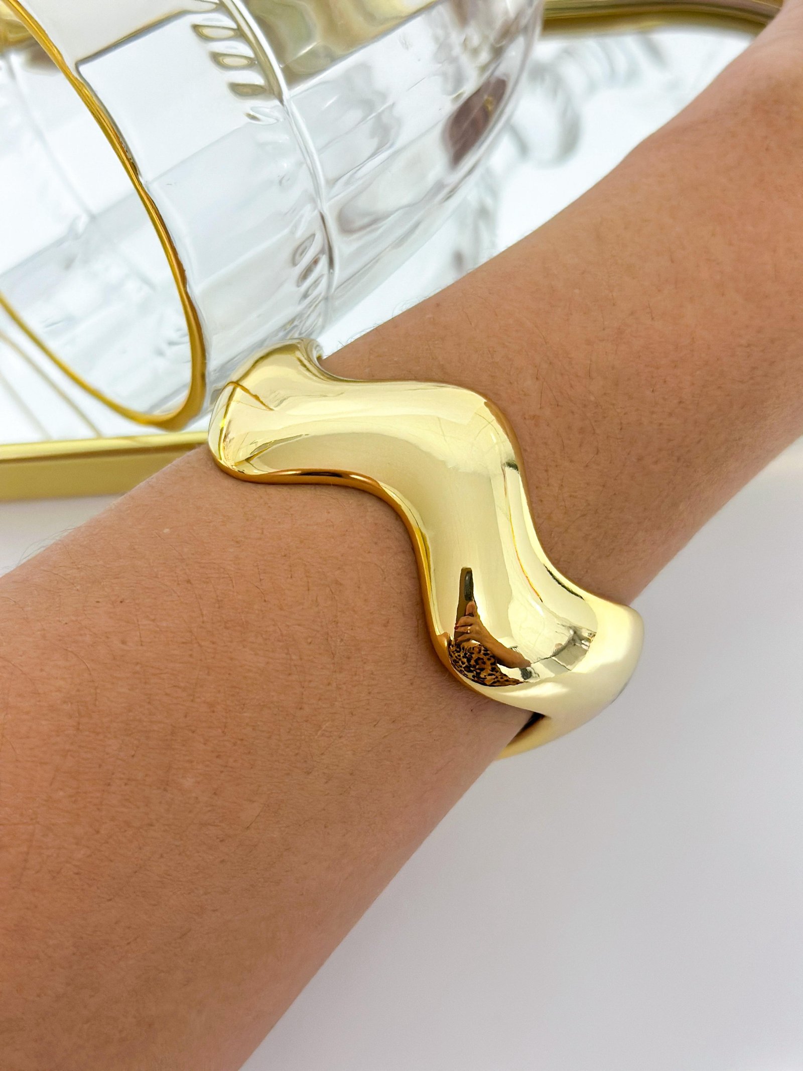 Bracelete Folheado Robusto ABS Zig Zag Dourado