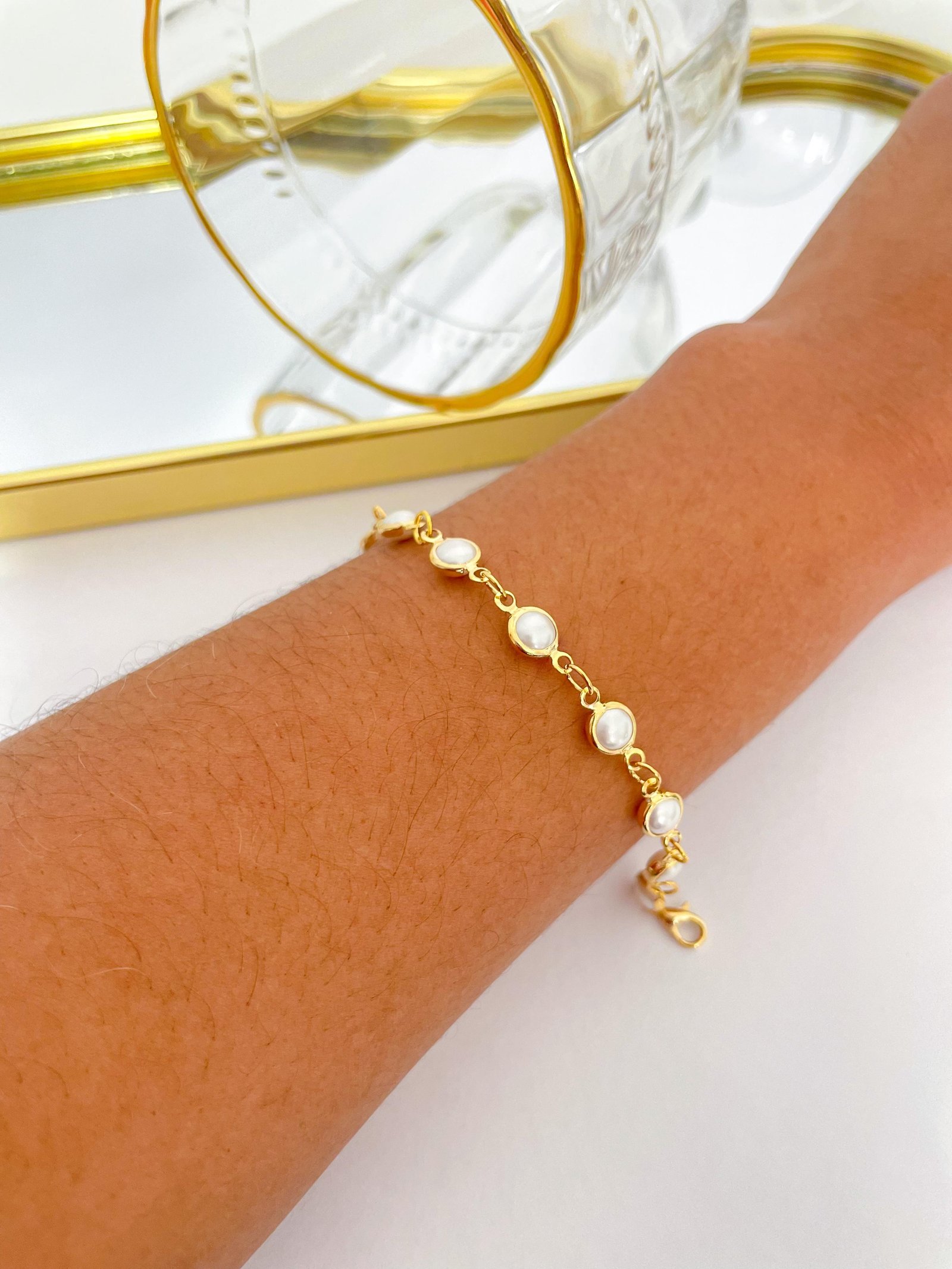Pulseira Folheada Perola Dourada 