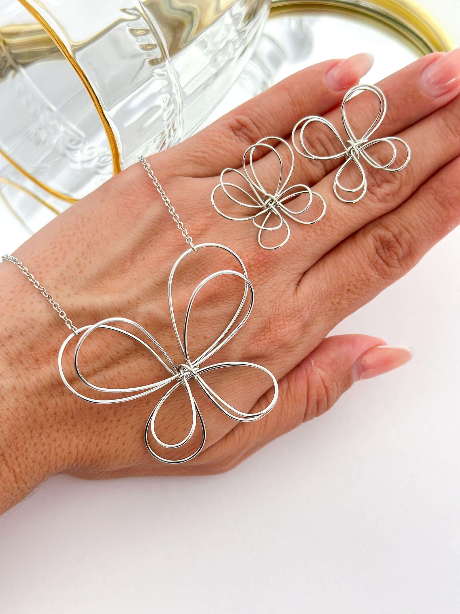 Conjunto Folheado Borboleta Prata 