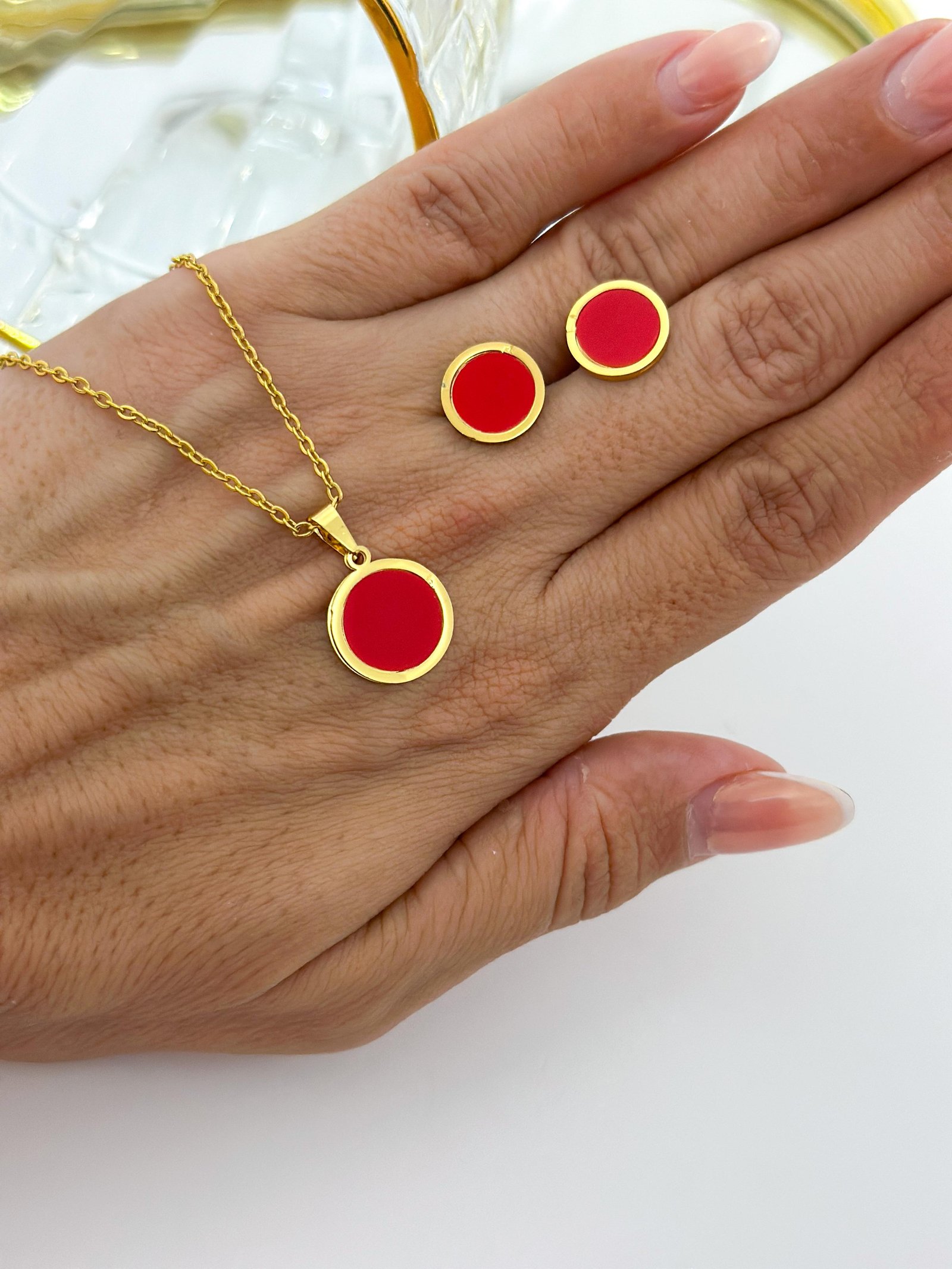 Conjunto Aço Inox Circulo Resinado Dourado 