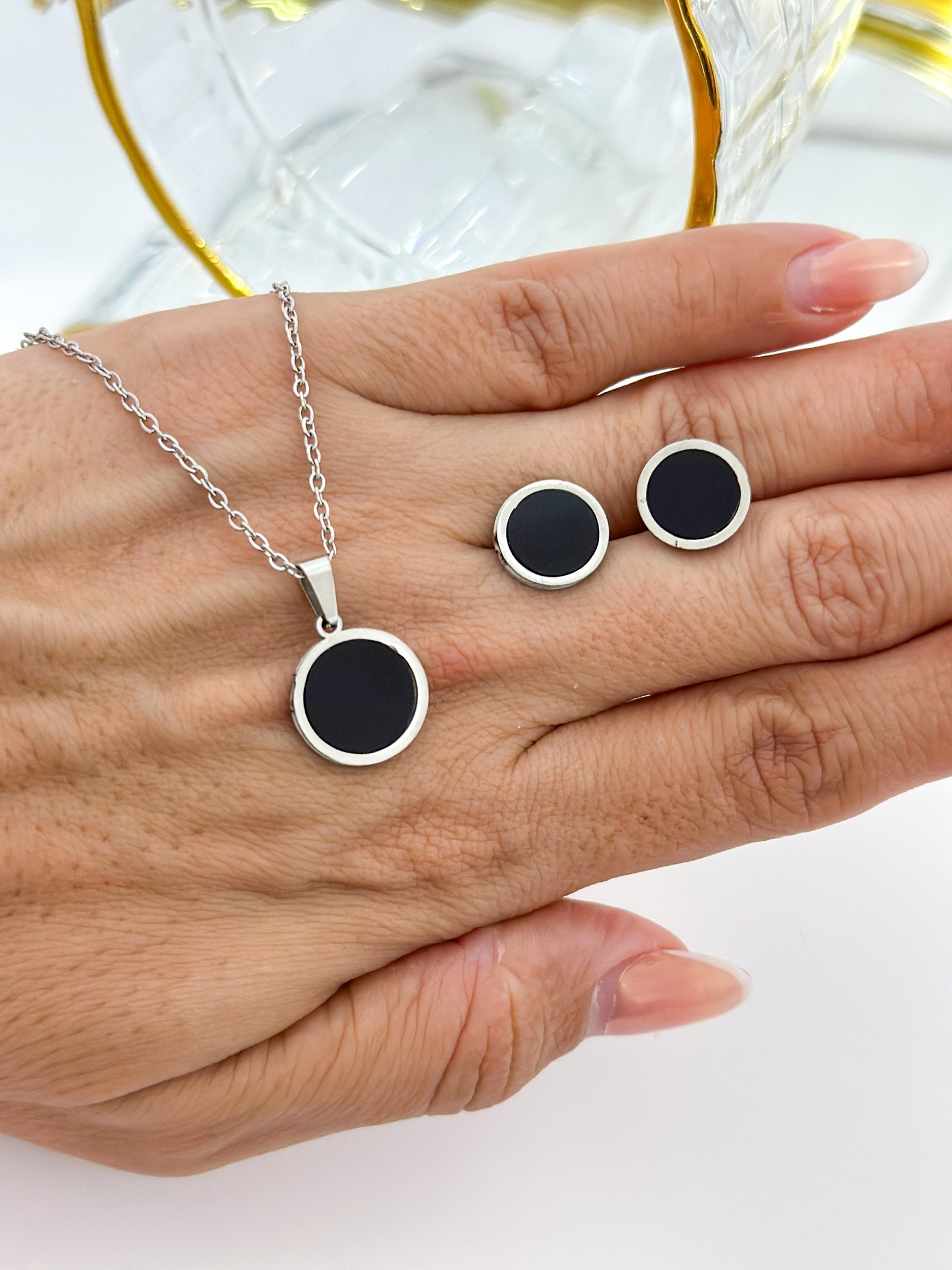 Conjunto Aço Inox Circulo Resinado  Prata 