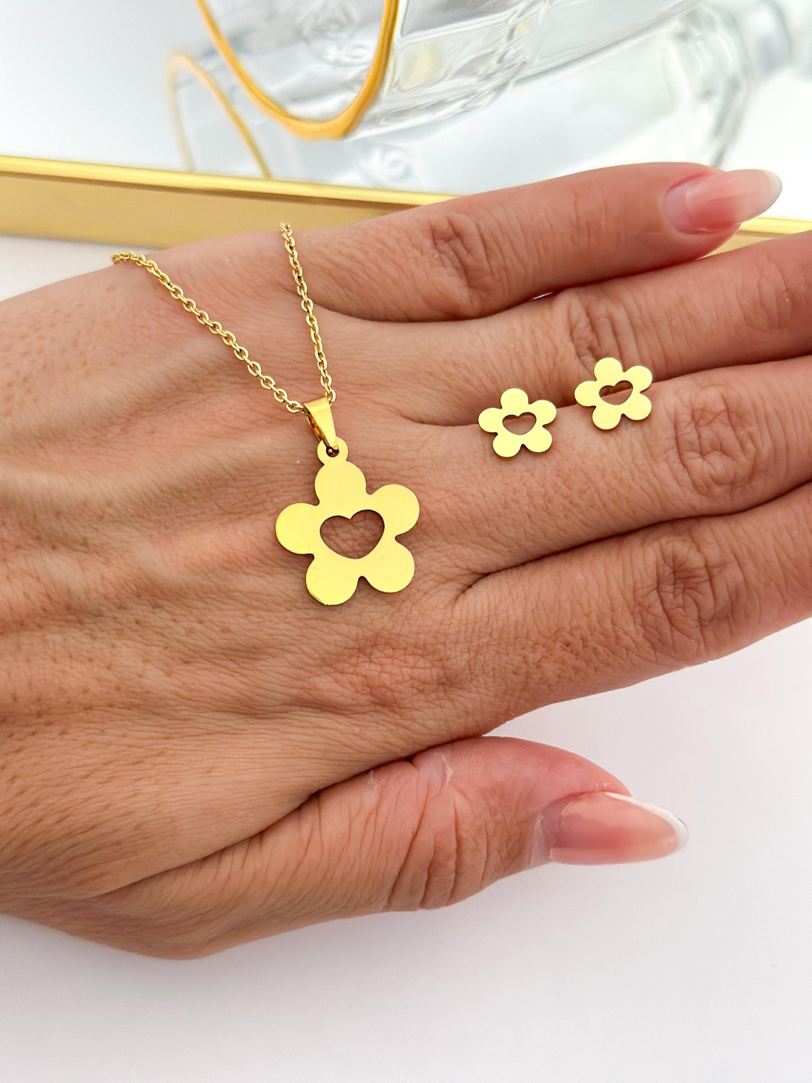 Conjunto Aço Inox Flor Dourado 