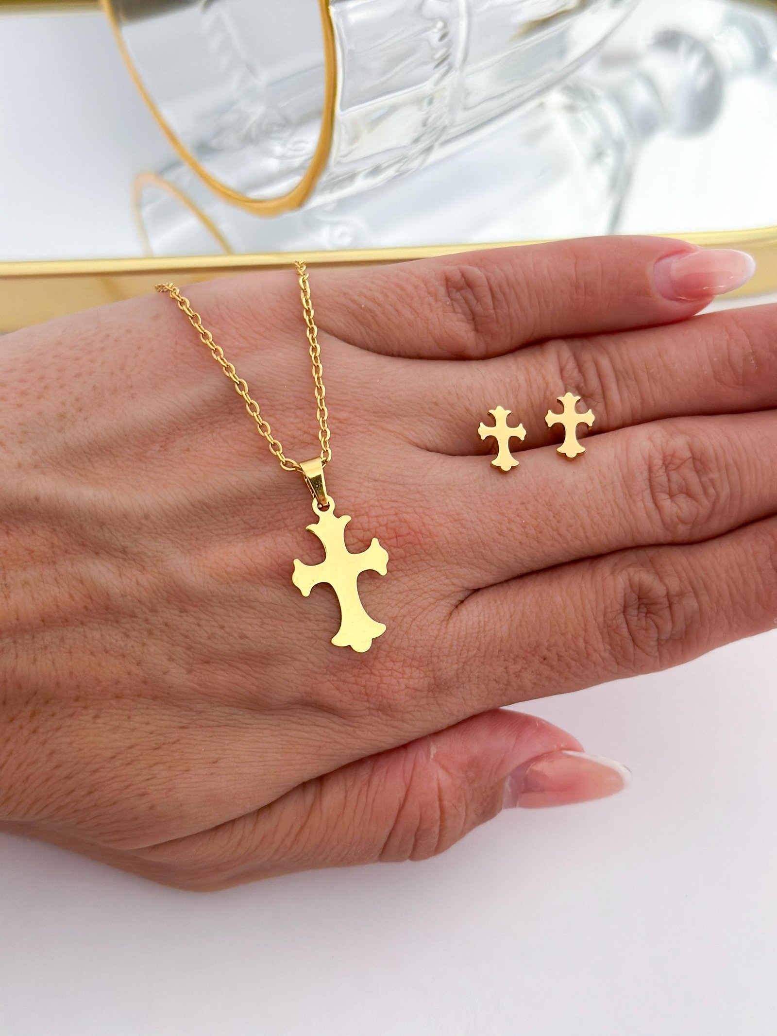 Conjunto Aço Inox Cruz Dourado 