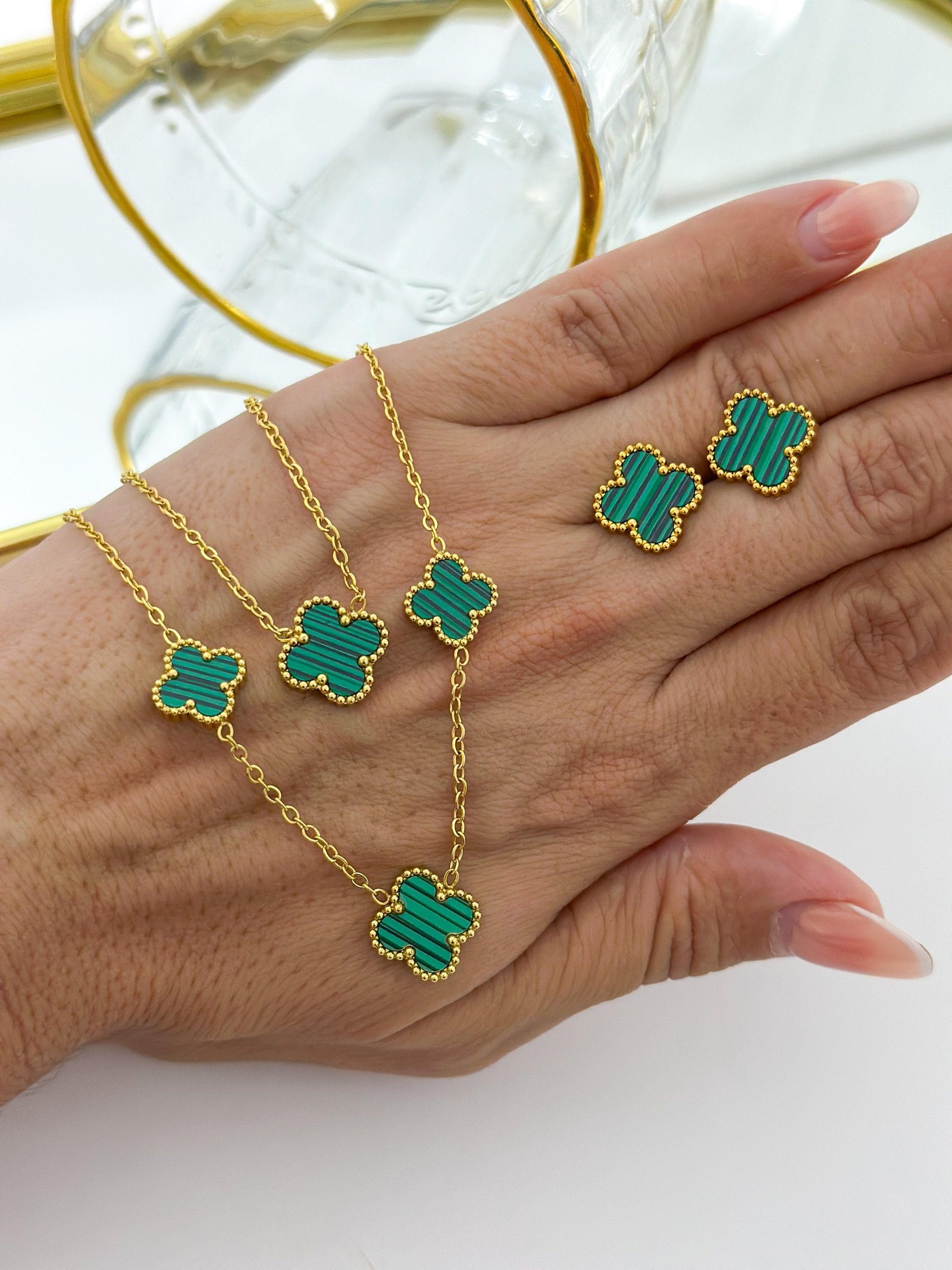 Conjunto Aço Inox Colar Duplo Trevo Dourado 