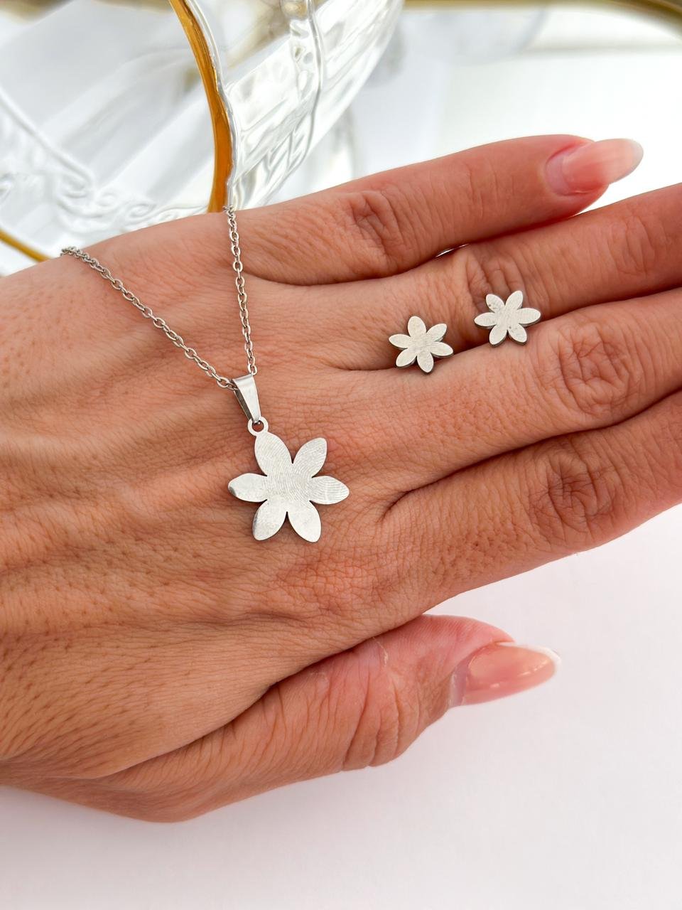 Conjunto Aço Inox Flor Prata  