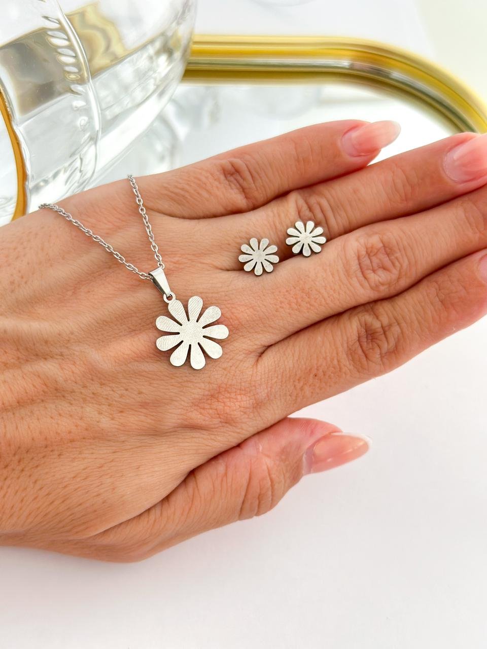 Conjunto Aço Inox Flor Prata  