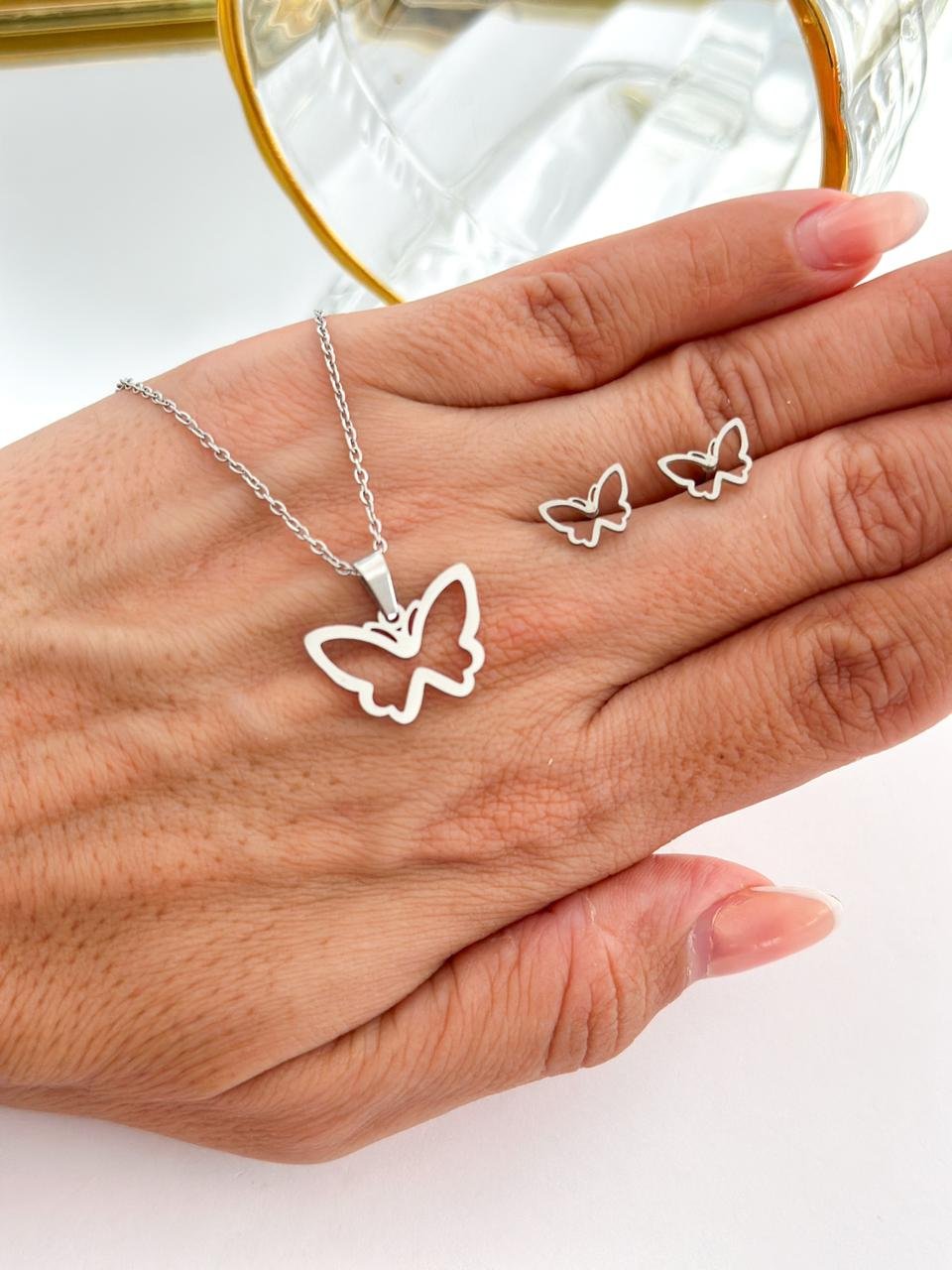 Conjunto Aço Inox Borboleta Vazada Prata 