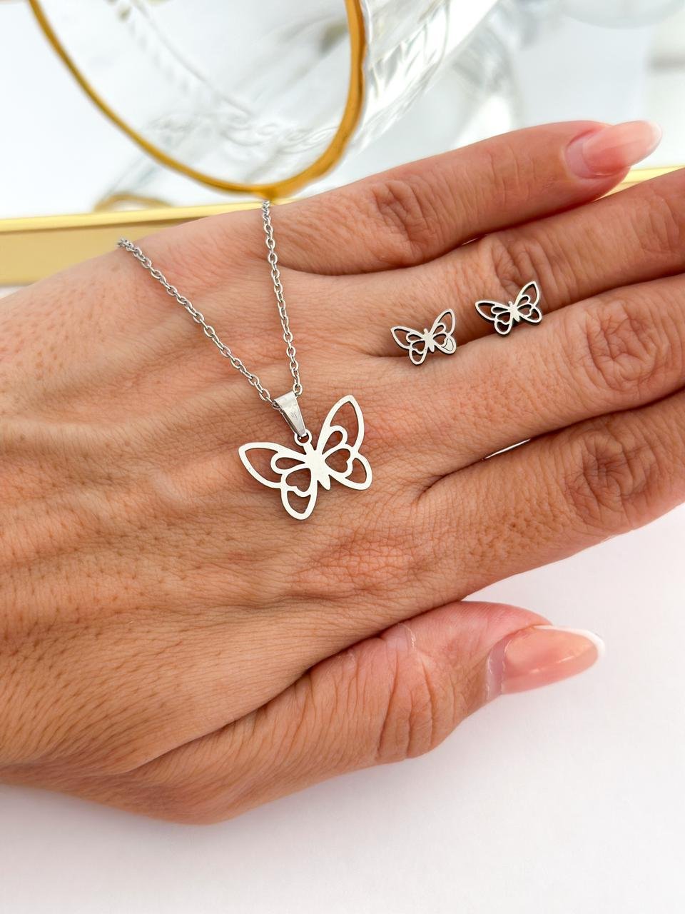 Conjunto Aço Inox Borboleta Vazada Prata 