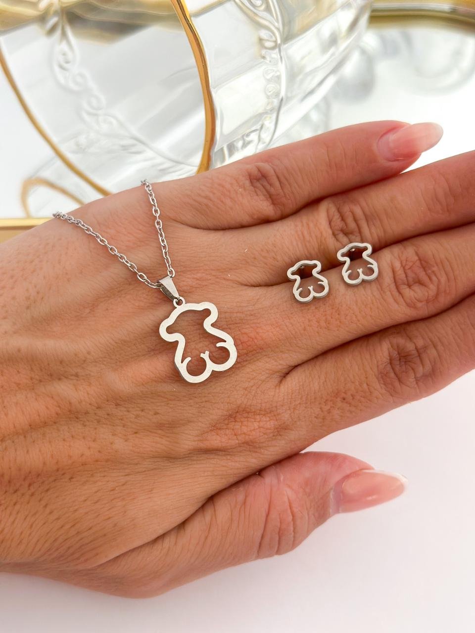 Conjunto Aço Inox Urso Prata 