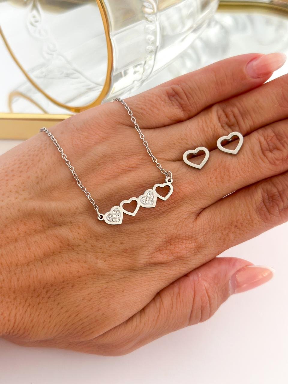 Conjunto Aço Inox Coração Strass Prata 