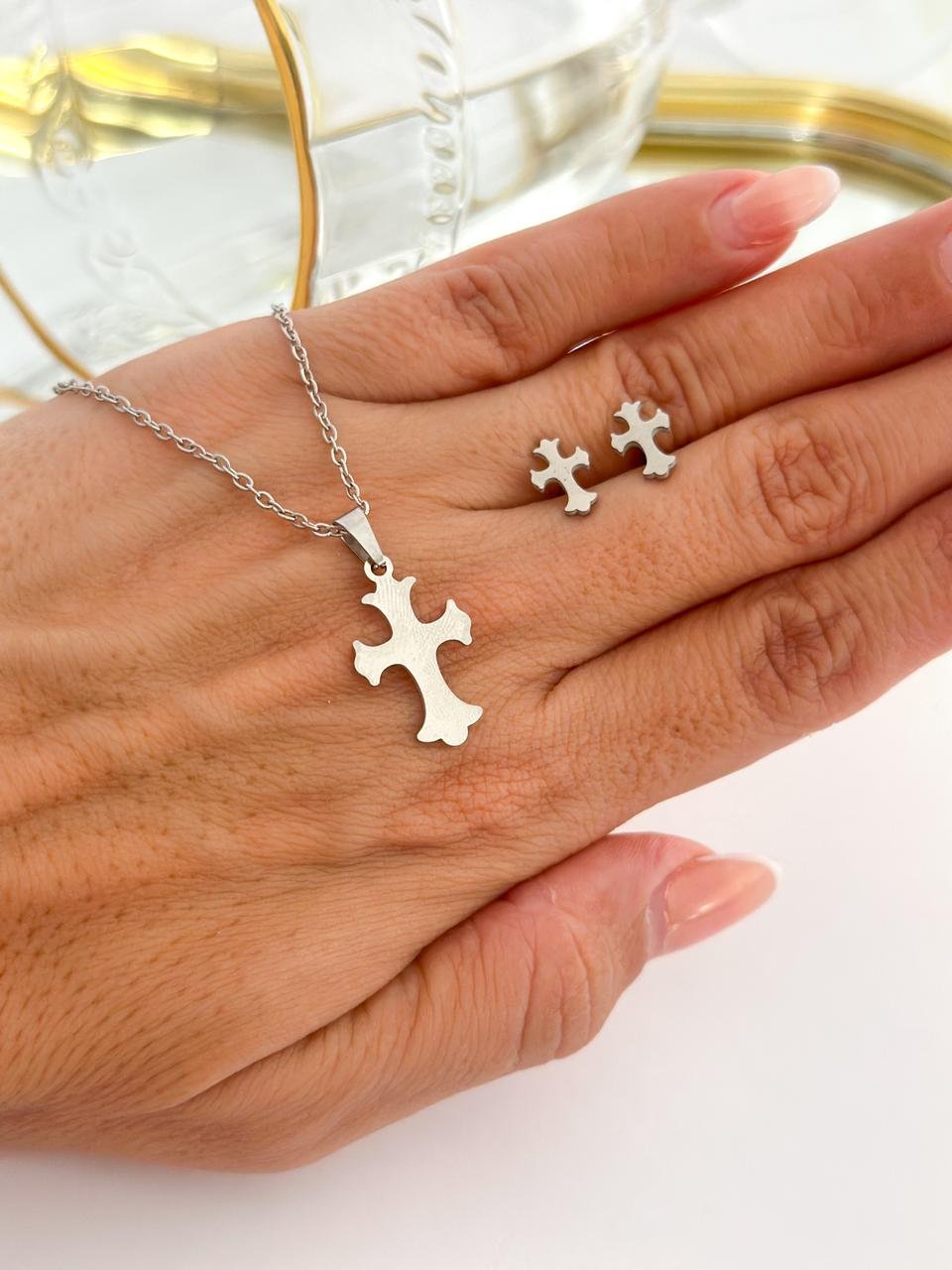 Conjunto Aço Inox Cruz Prata 