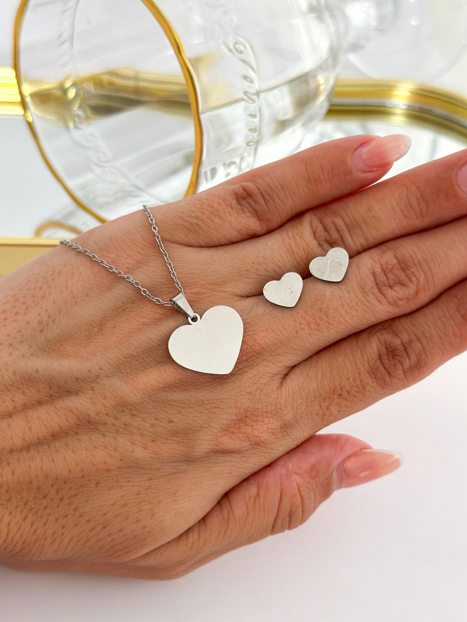 Conjunto Aço Inox Coração Prata 