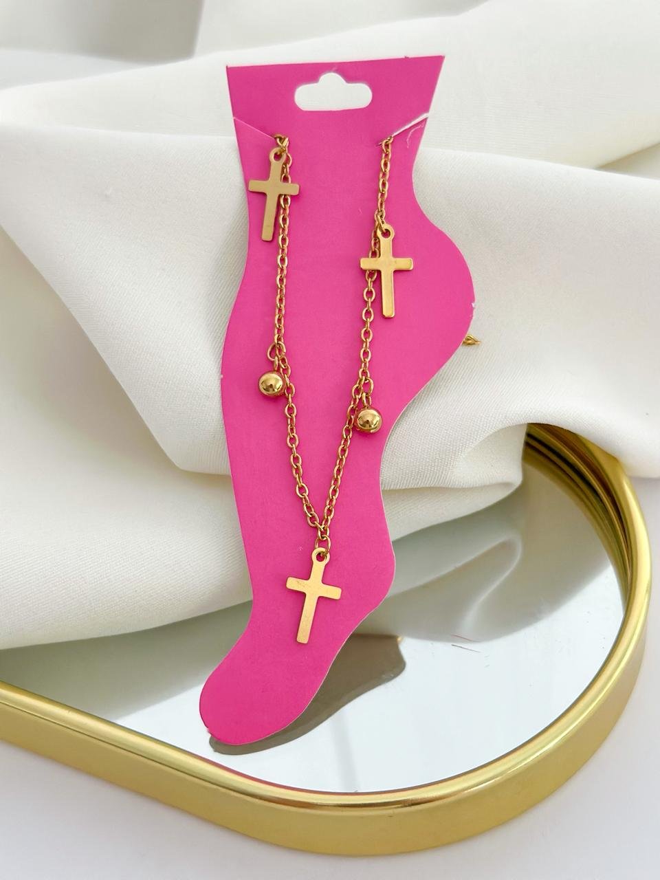 Tornozeleira Aço Inox Cruz Dourada 