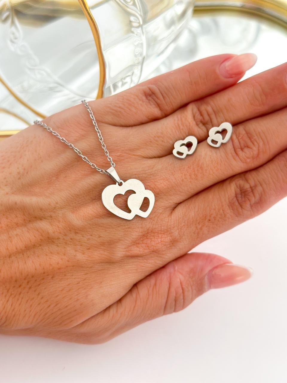 Conjunto Aço Inox Coração vazado Prata 