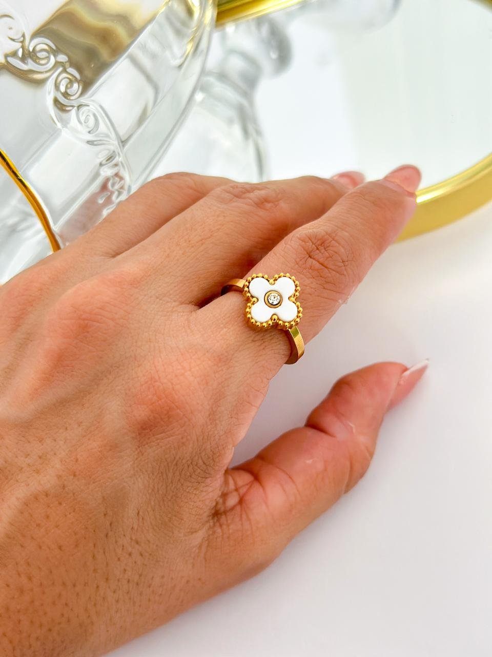 Anel Aço Inox Virginia Color Strass Braco Dourado 