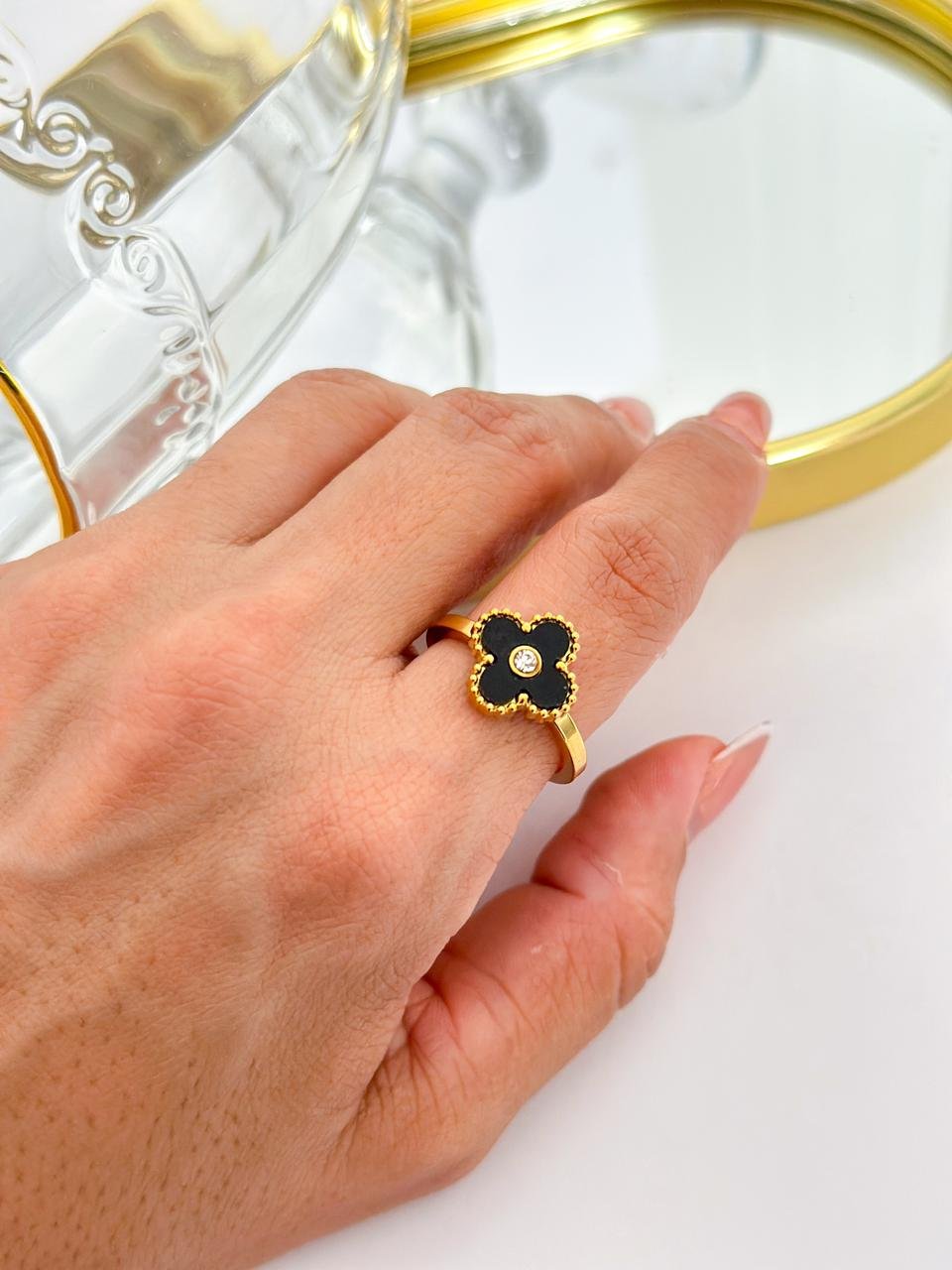 Anel Aço Inox Virginia Color Strass Preto Dourado 