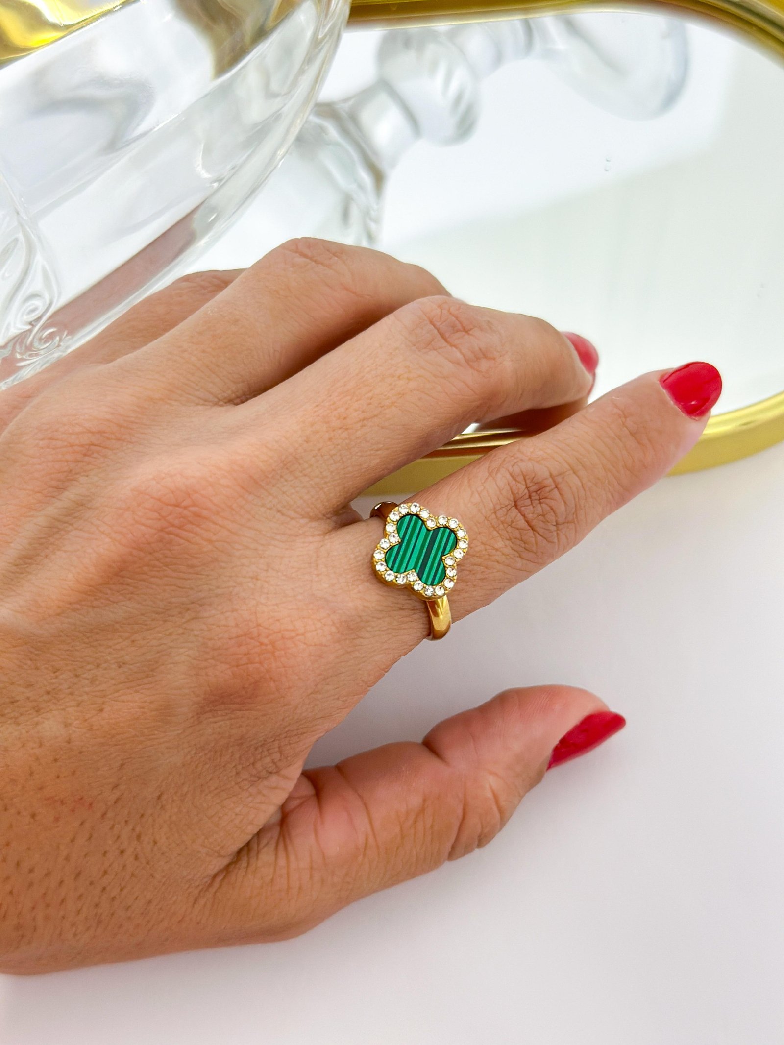 Anel Aço Inox Virginia Color Strass Verde Dourado	