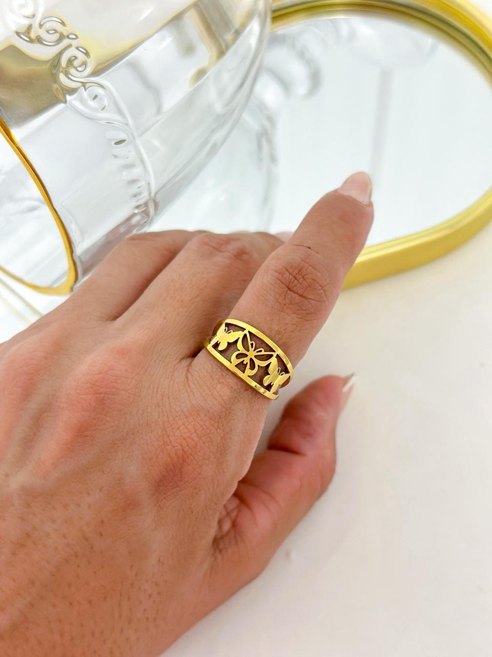 Anel Aço Inox Borboletas Dourado 