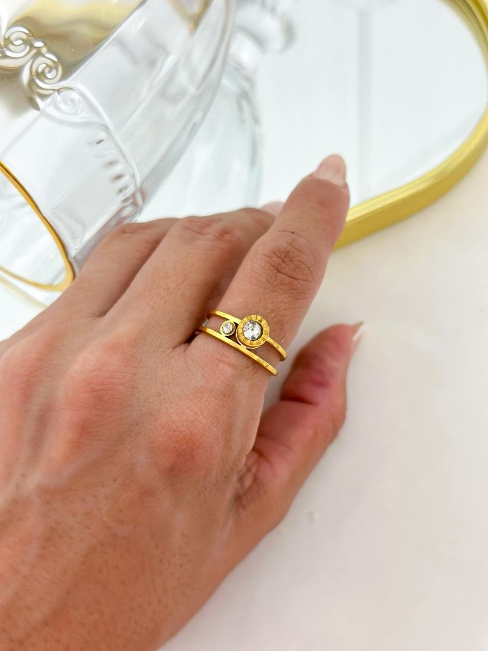 Anel Aço Inox Romanos Pedra Dourado 