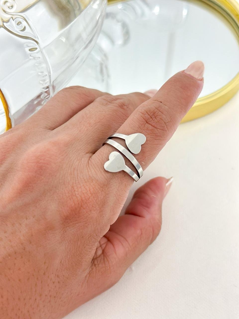 Anel Aço Inox Coração Duplo Prata 