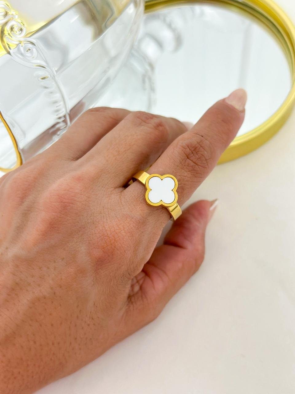 Anel Aço Inox Virginia Color Branco Dourado