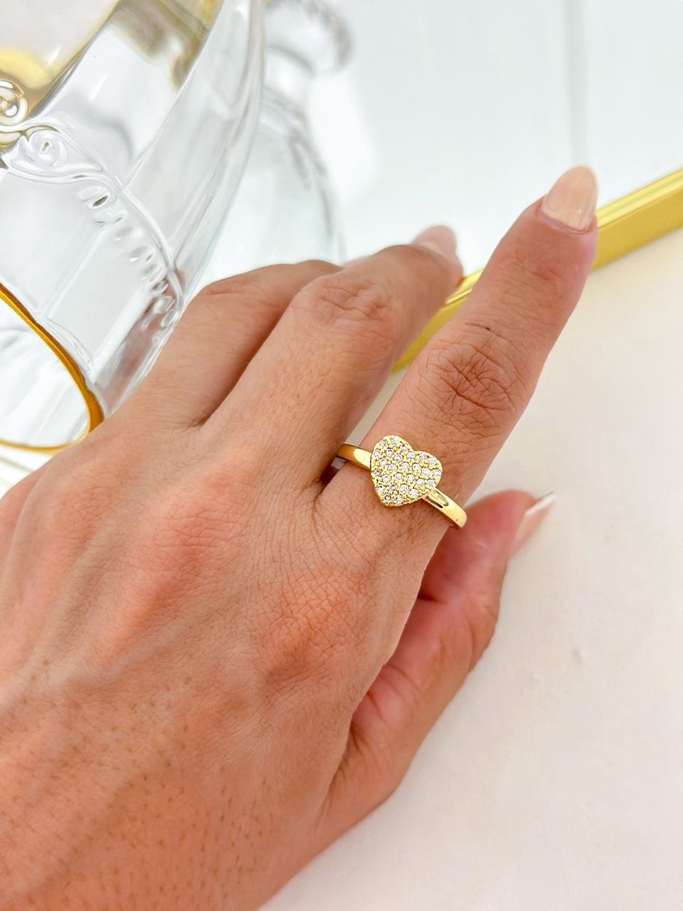 Anel Biju Coração Strass Dourado 
