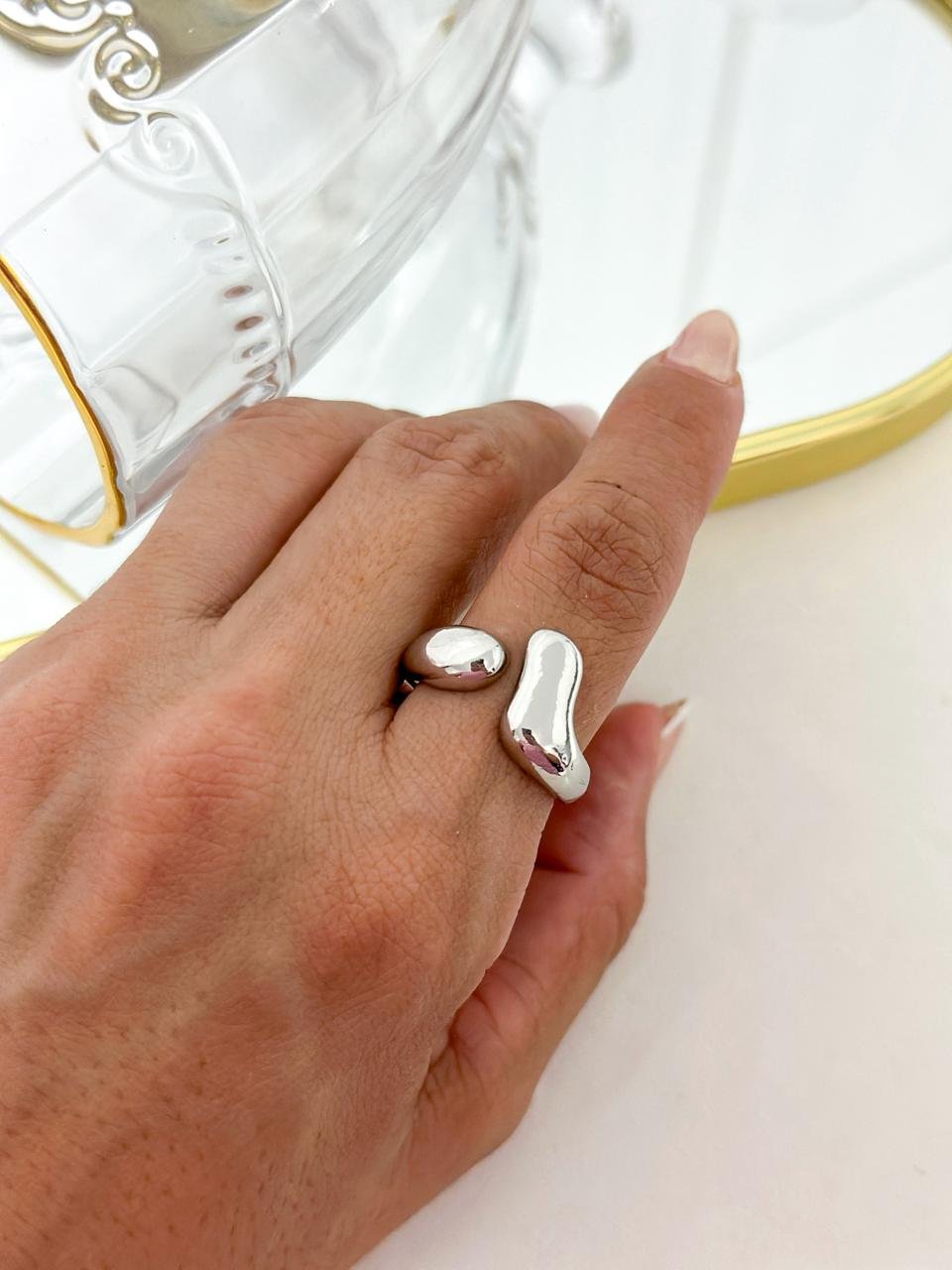 Anel Folheado Regulavel Prata 