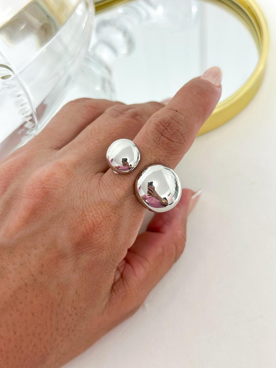 Anel Folheado Esfera Regulavel Prata