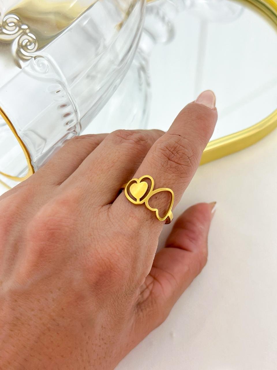 Anel Aço Inox Coração Duplo Dourado 