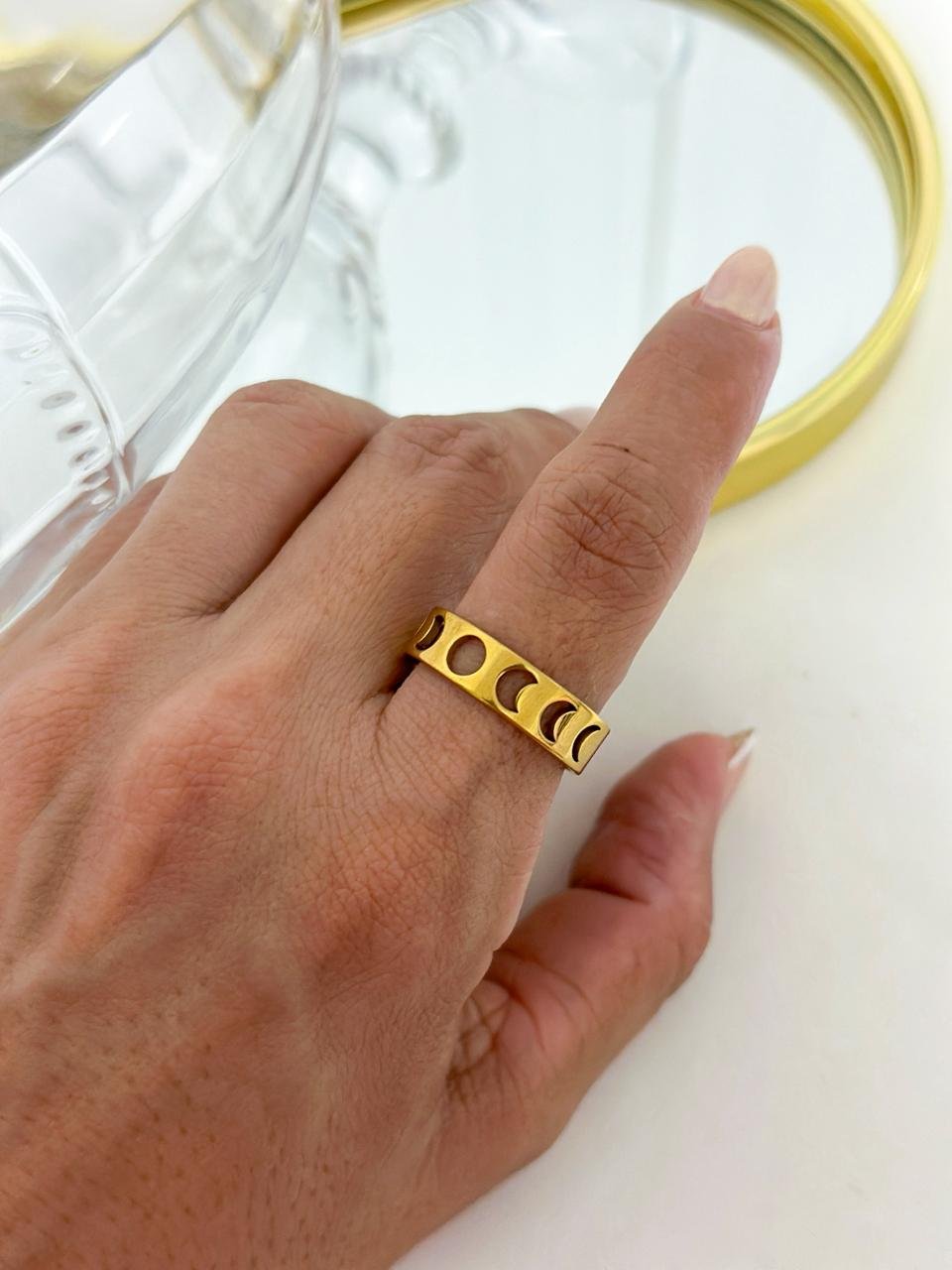 Anel Aço Inox Fases Da Lua Dourado 