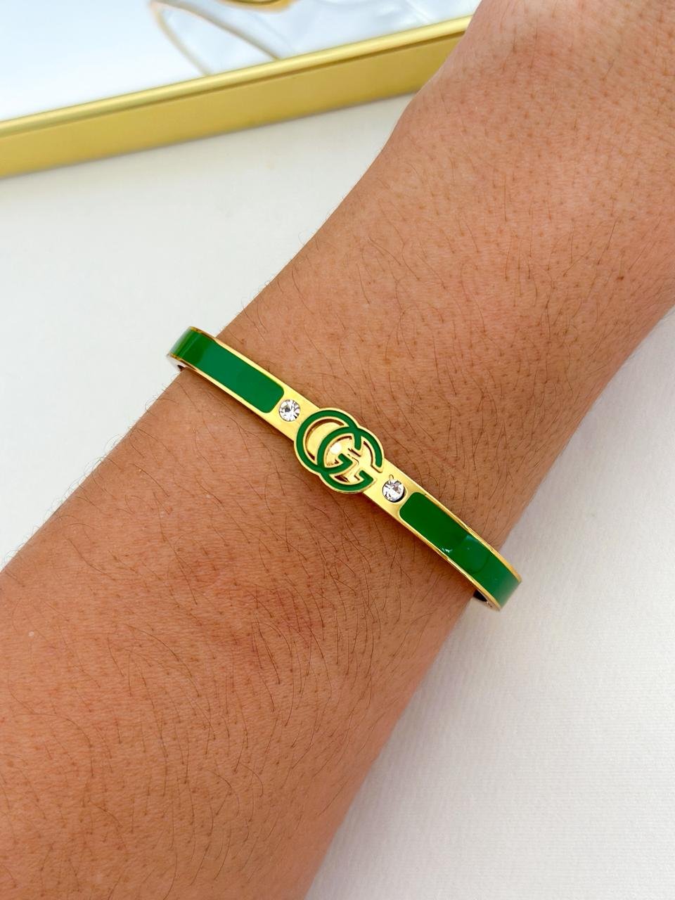 Bracelete Aço Inox Gucci Resinado Verde Dourado 