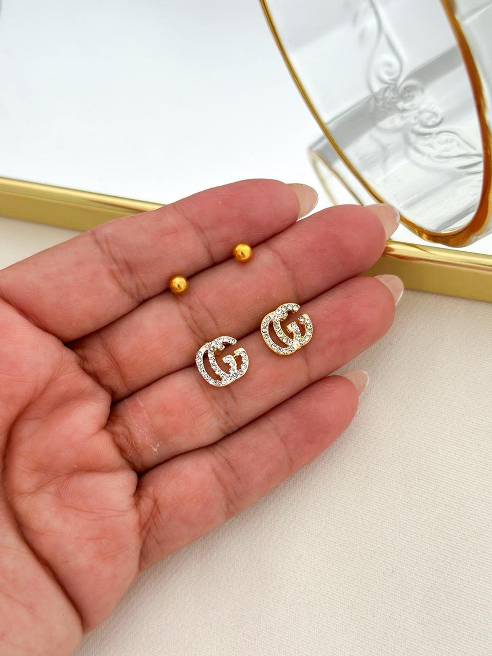 Brinco Aço Inox Duplo Gucci Cravejado E Bolinha Dourado 