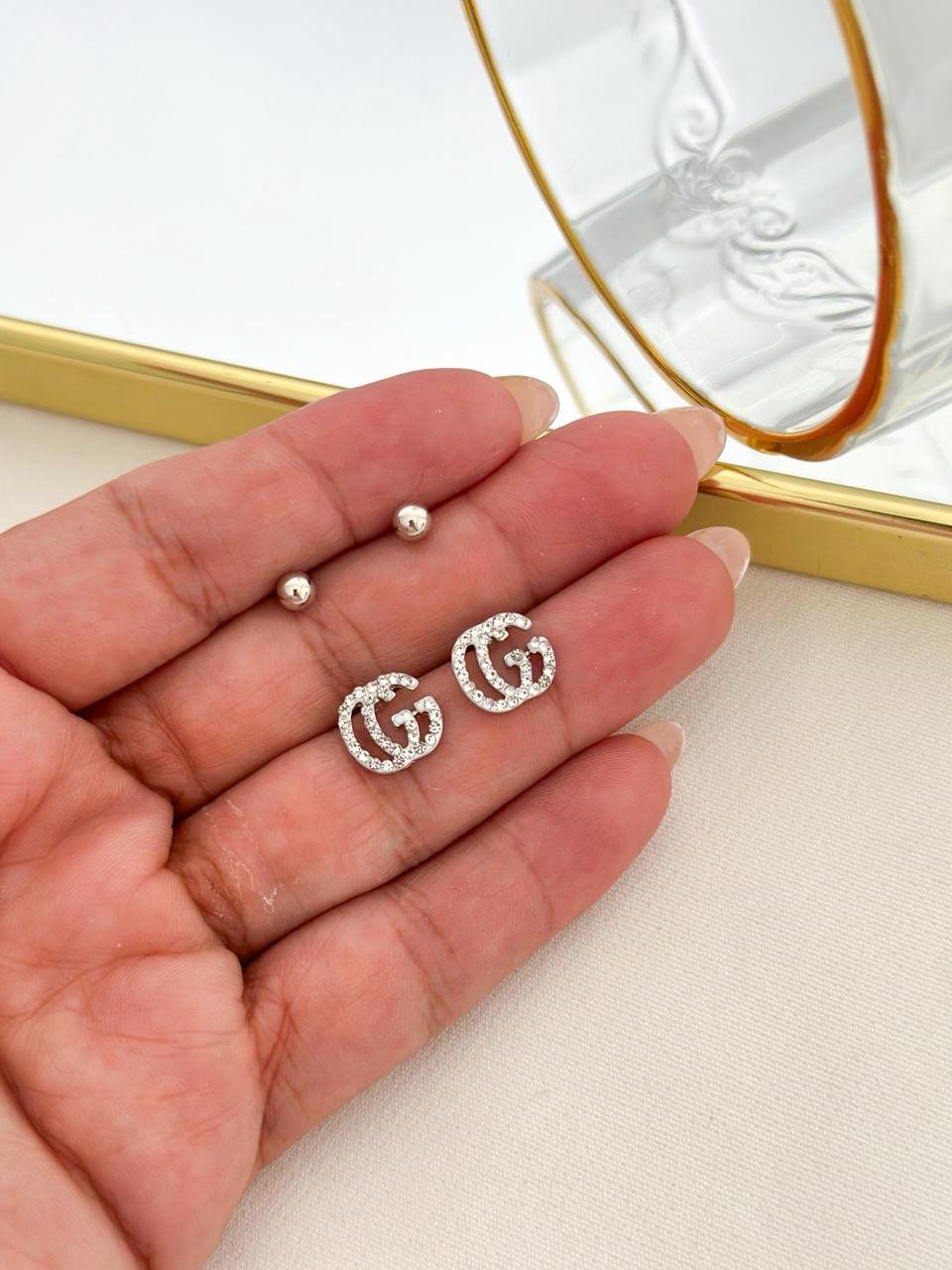 Brinco Aço Inox Duplo Gucci Cravejado E Bolinha Prata