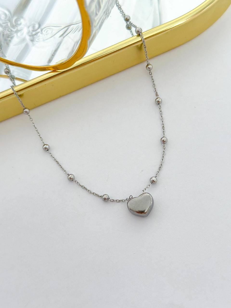 Colar Aço Inox Bolinha e Coração Prata 