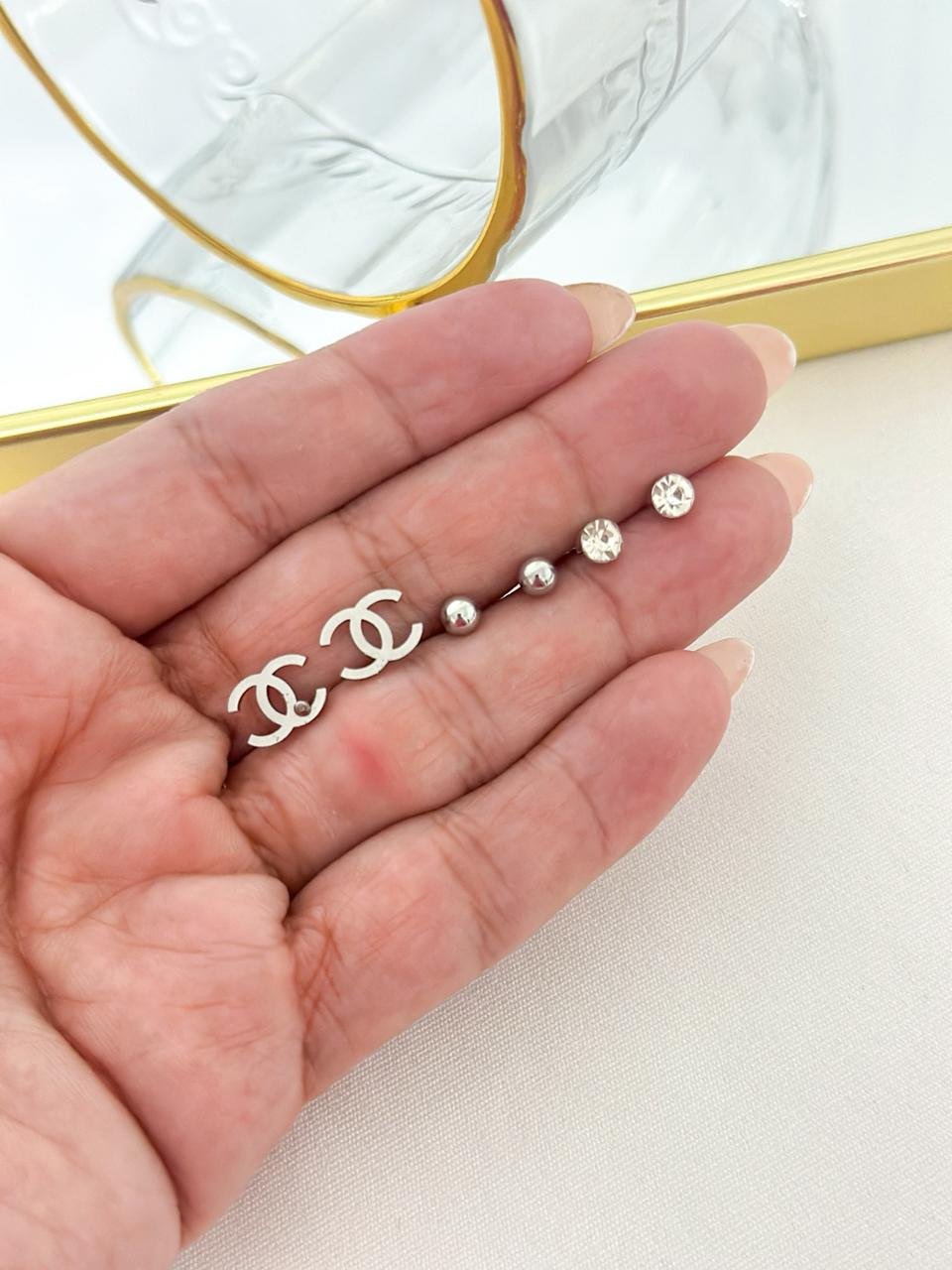 Brinco Aço Inox Trio Chanel Prata